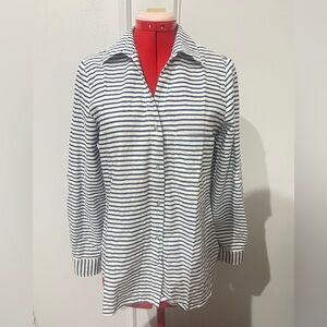 Zara White Shirt with Navy Stripes high low style linen cotton size medium
